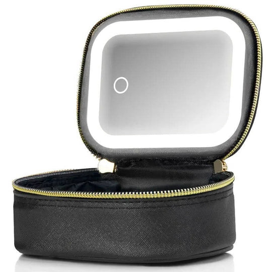 Portable Travel Cosmetic Case with Adjustable LED Mirror and Organiser