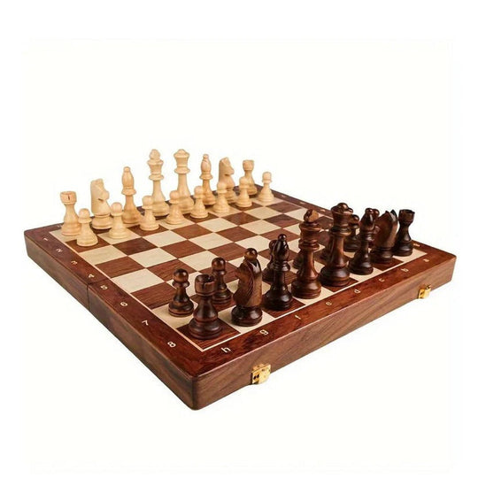 Folding Walnut Wood Chess Set with Weighted Pieces and Storage