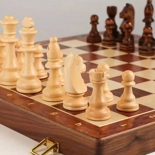 Folding Walnut Wood Chess Set with Weighted Pieces and Storage