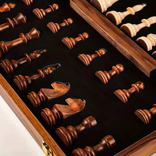 Folding Walnut Wood Chess Set with Weighted Pieces and Storage