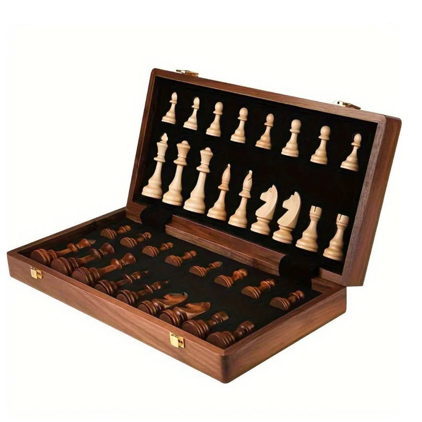 Folding Walnut Wood Chess Set with Weighted Pieces and Storage