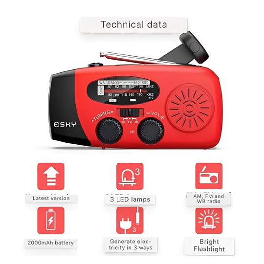 Hand Crank Emergency Radio with AM/FM/WB Bands, LED Flashlight and Rechargeable Battery