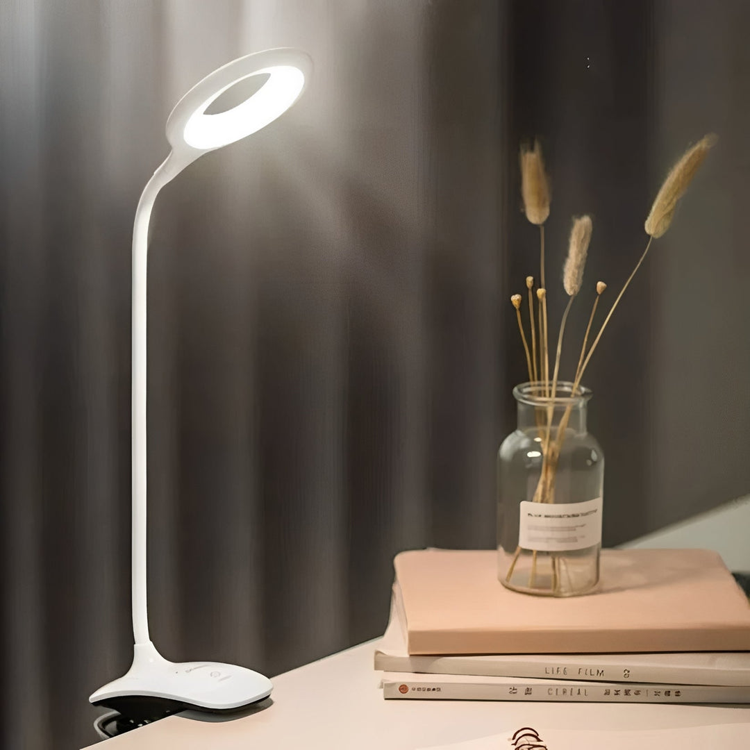 Clip-On Gooseneck LED Reading Light with Dimmable USB Rechargeable Design for Desk Use