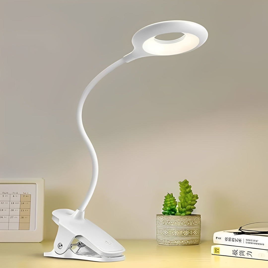 Clip-On Gooseneck LED Reading Light with Dimmable USB Rechargeable Design for Desk Use