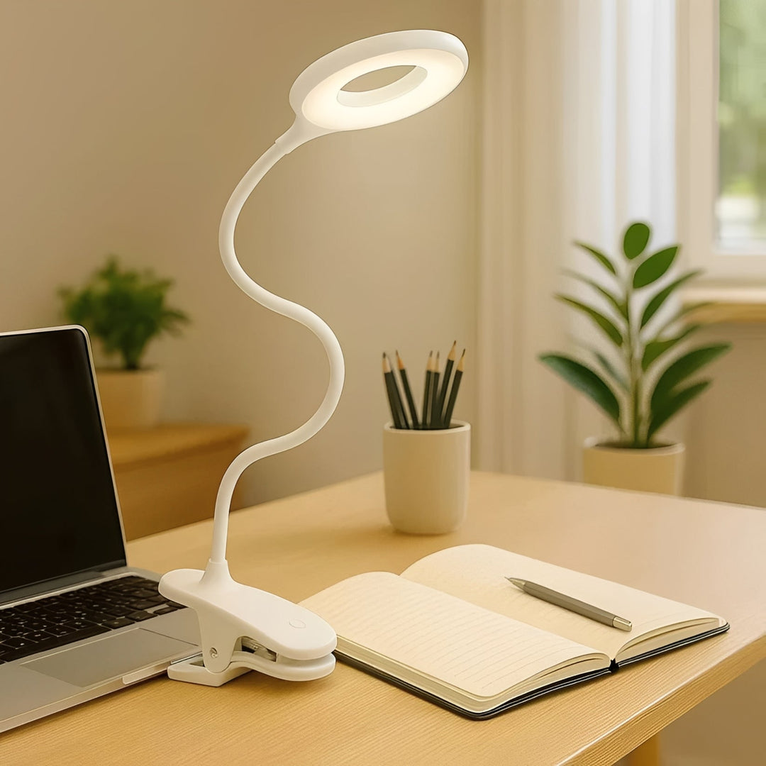 Clip-On Gooseneck LED Reading Light with Dimmable USB Rechargeable Design for Desk Use