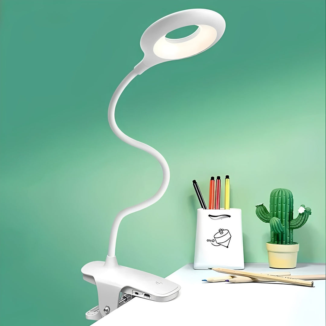 Clip-On Gooseneck LED Reading Light with Dimmable USB Rechargeable Design for Desk Use