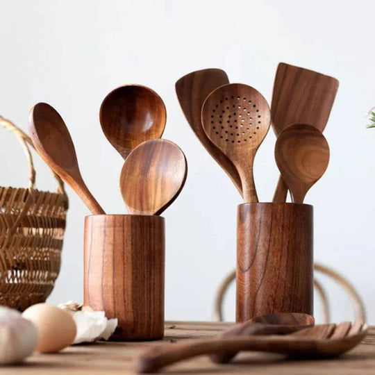 Natural Acacia Hardwood Cooking Utensil Set for Kitchen Use