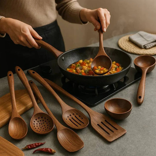 Natural Acacia Hardwood Cooking Utensil Set for Kitchen Use