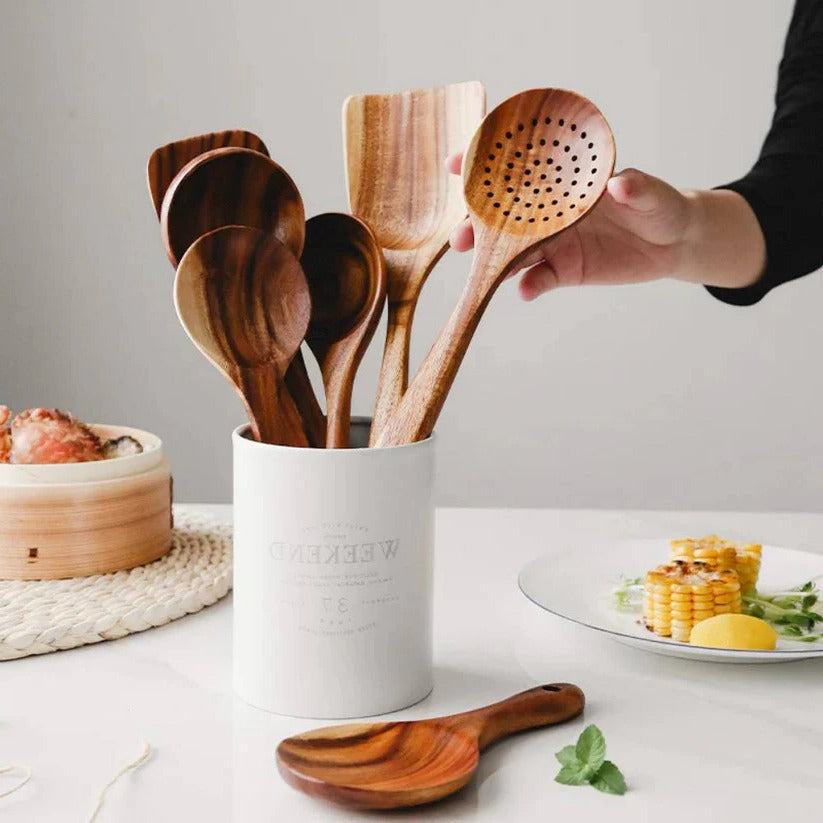 Natural Acacia Hardwood Cooking Utensil Set for Kitchen Use