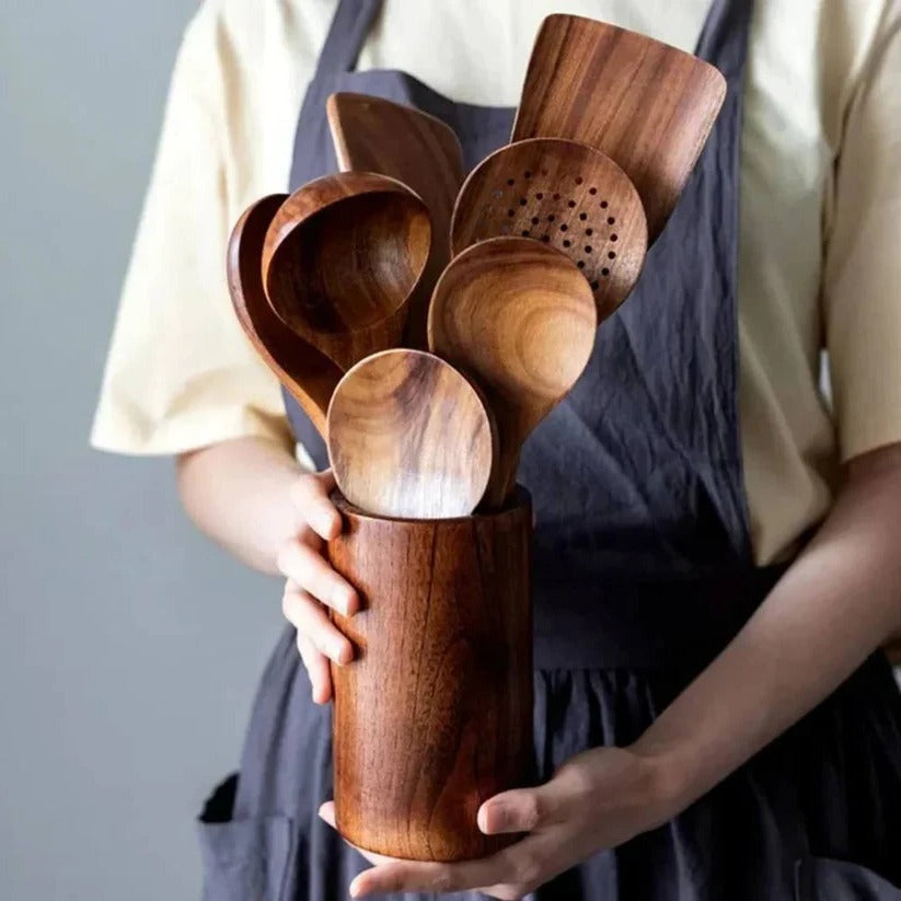 Natural Acacia Hardwood Cooking Utensil Set for Kitchen Use