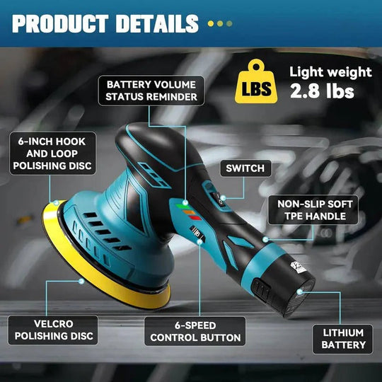 Cordless Dual Action Car Polisher with 6 Variable Speeds and 9mm Orbit, 6 Inch Pad