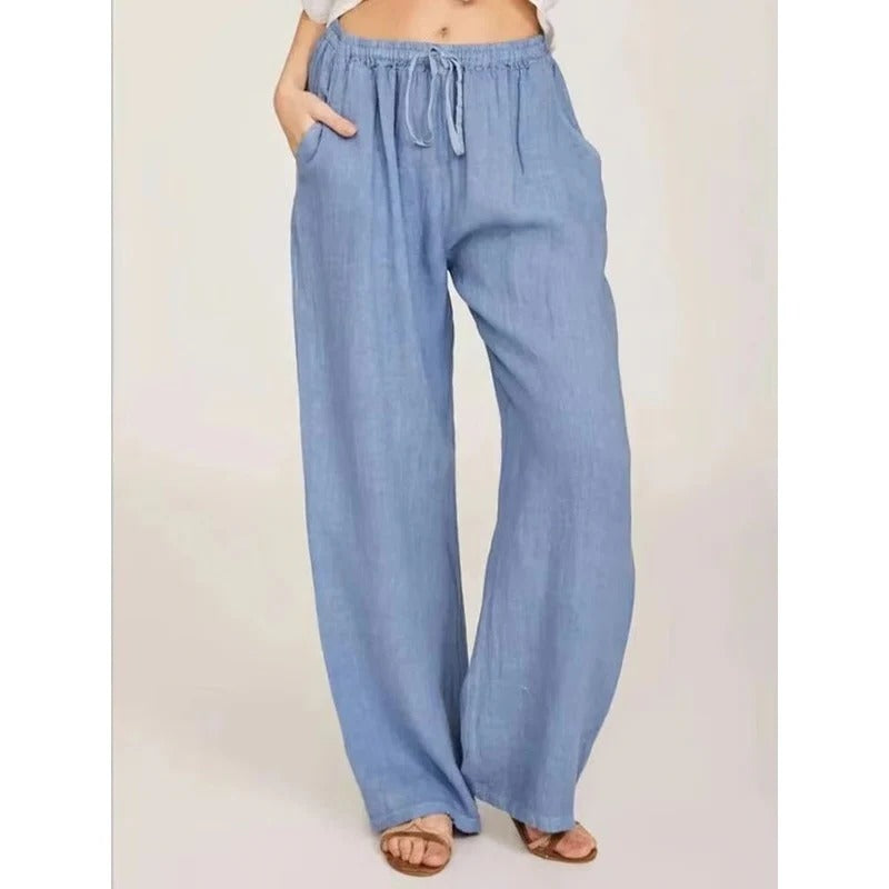 Women's Wide Leg Linen Blend Trousers with Elastic Waist and Pockets
