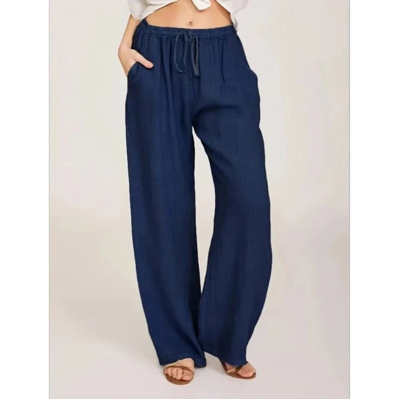 Women's Wide Leg Linen Blend Trousers with Elastic Waist and Pockets