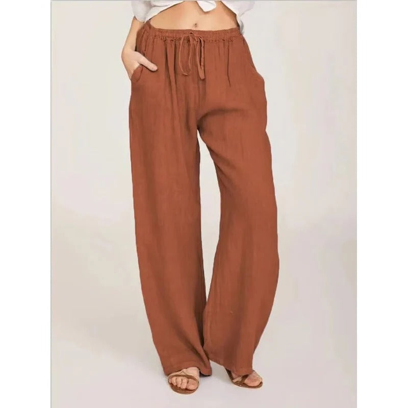 Women's Wide Leg Linen Blend Trousers with Elastic Waist and Pockets