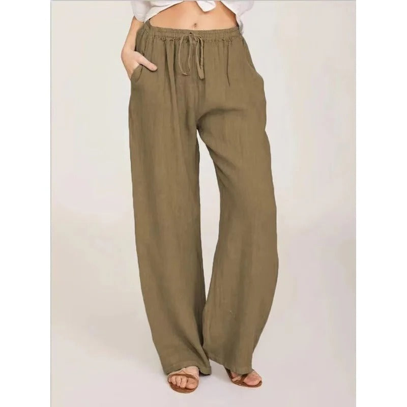 Women's Wide Leg Linen Blend Trousers with Elastic Waist and Pockets