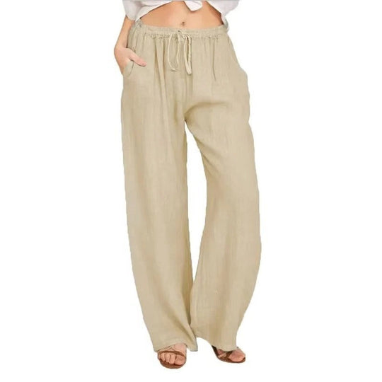 Women's Wide Leg Linen Blend Trousers with Elastic Waist and Pockets