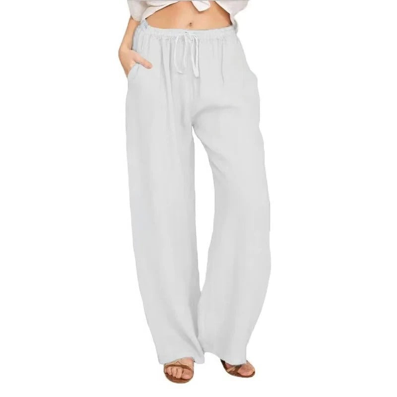 Women's Wide Leg Linen Blend Trousers with Elastic Waist and Pockets