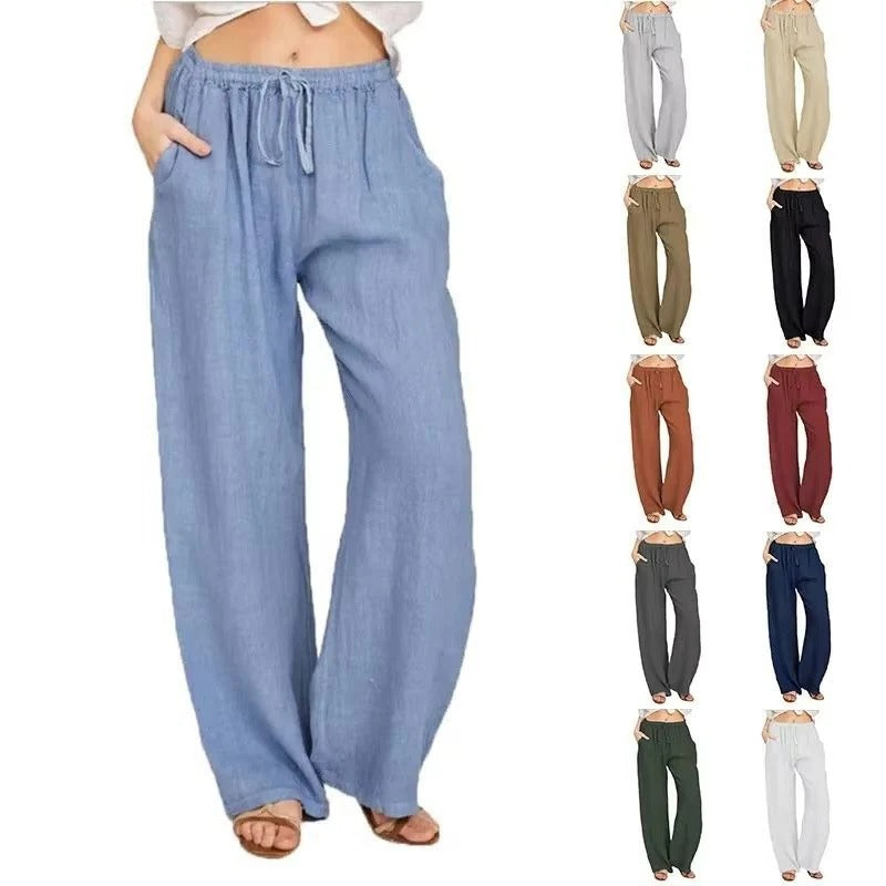 Women's Wide Leg Linen Blend Trousers with Elastic Waist and Pockets