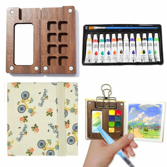 Portable Travel Watercolour Set with Mini Palette, Paint Brush and Sketchbook