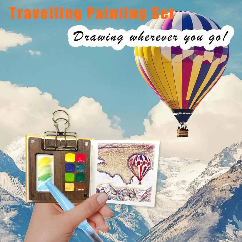 Portable Travel Watercolour Set with Mini Palette, Paint Brush and Sketchbook