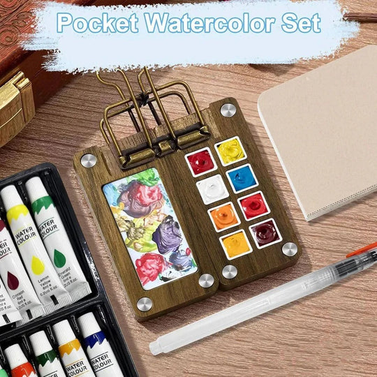 Portable Travel Watercolour Set with Mini Palette, Paint Brush and Sketchbook
