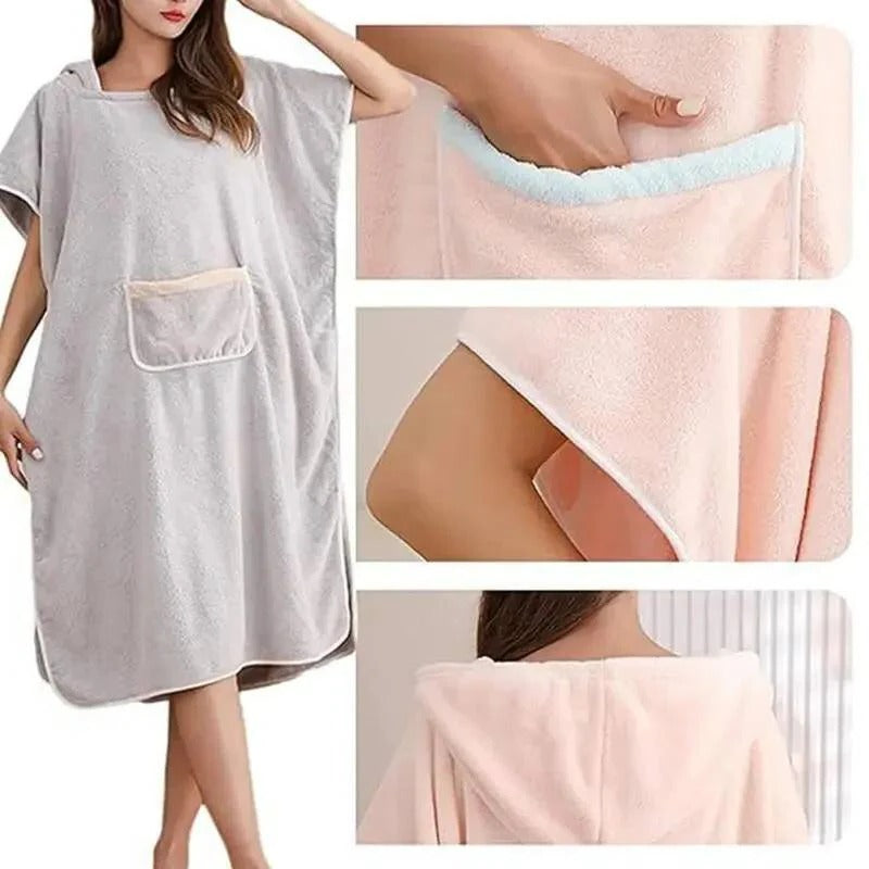 Plush Terry Cloth Hooded Bath Wrap with Deep Hood and Waist Tie for Post Shower Drying