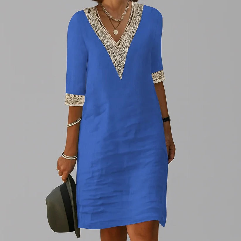 Women's Linen Midi Dress with Side Pockets and Relaxed Loose Silhouette