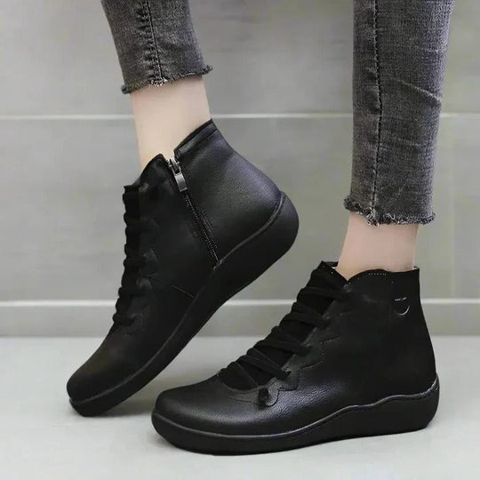 Women's Zip Up Faux Leather Heeled Boots with Thick Block Sole