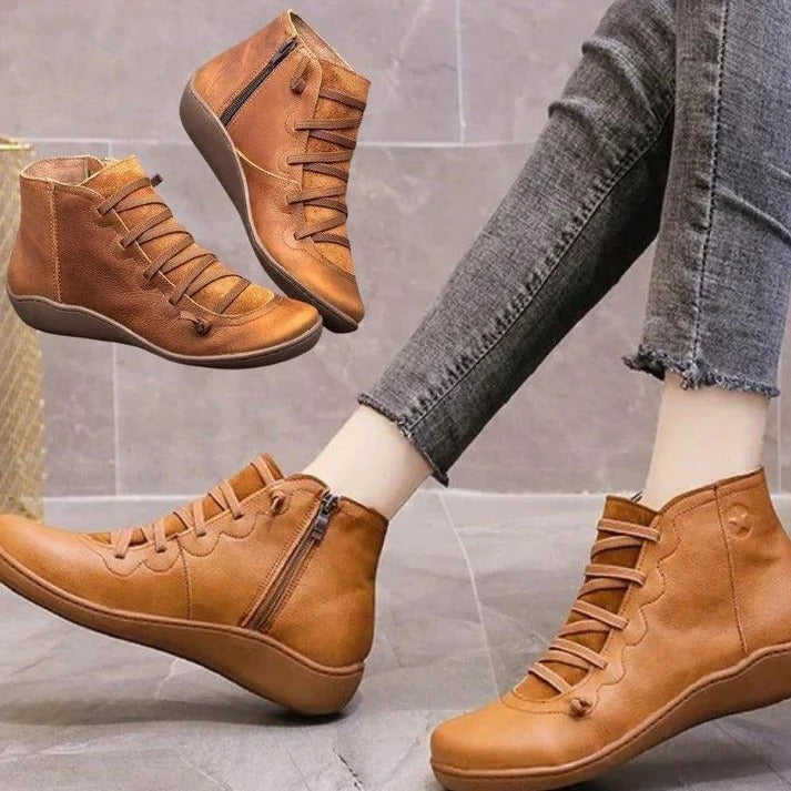 Women's Zip Up Faux Leather Heeled Boots with Thick Block Sole