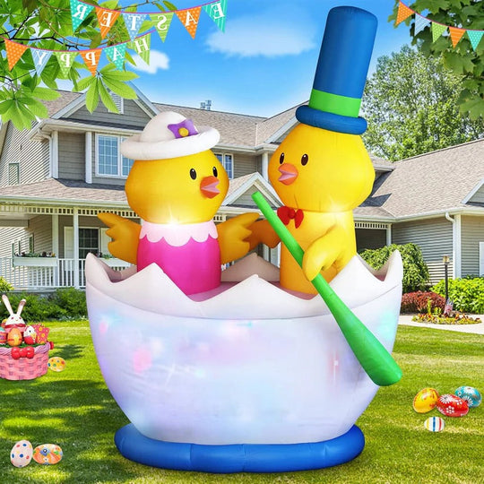 Easter Inflatable Garden Decoration with 2 Chicks in a Boat and LED Lights, 6 Ft