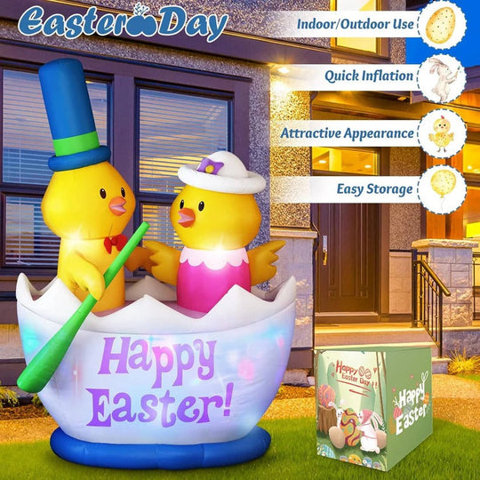 Easter Inflatable Garden Decoration with 2 Chicks in a Boat and LED Lights, 6 Ft