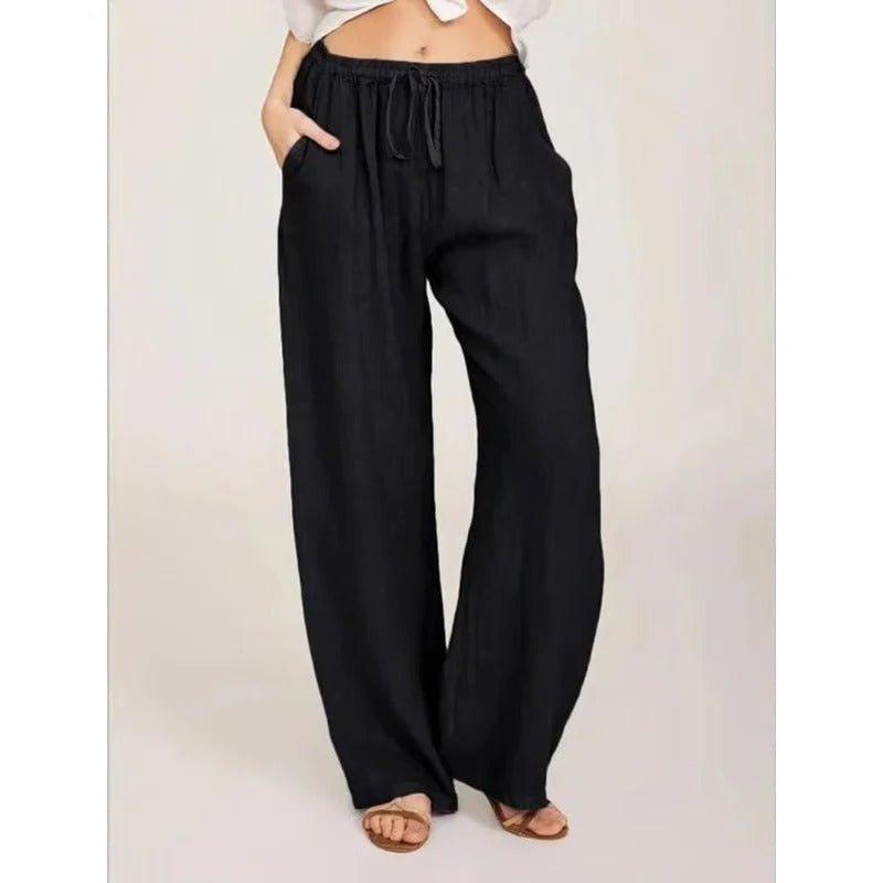 Women's Wide Leg Linen Blend Trousers with Elastic Waist and Pockets