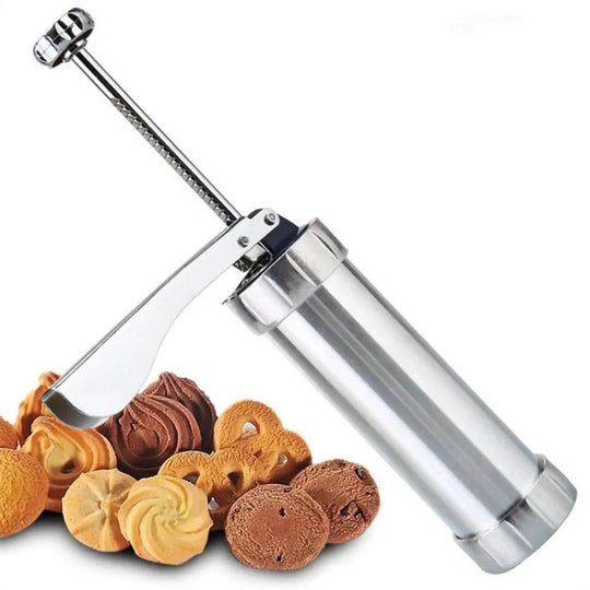 Aluminium Cookie Press Set with 20 Disc Shapes and 4 Piping Nozzles