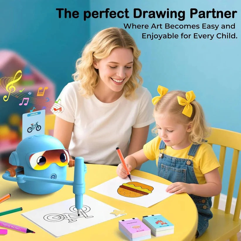 Kids Voice Guided Drawing Robot with 100 Art Cards and Markers