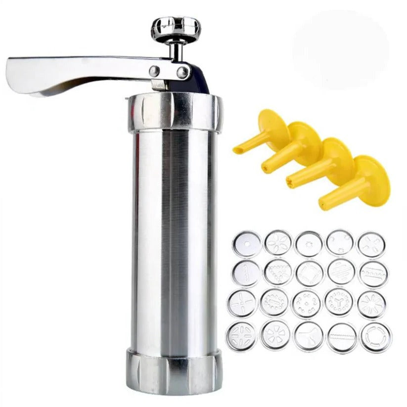 Aluminium Cookie Press Set with 20 Disc Shapes and 4 Piping Nozzles
