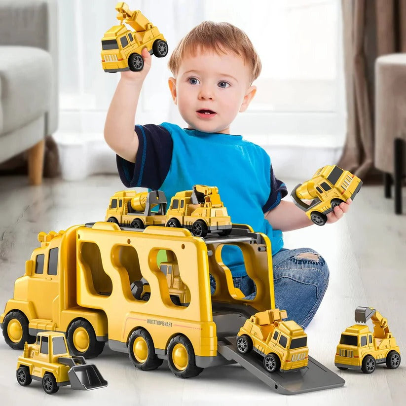 Construction Truck Toy Set with Carrier and Ramp, 5 Piece