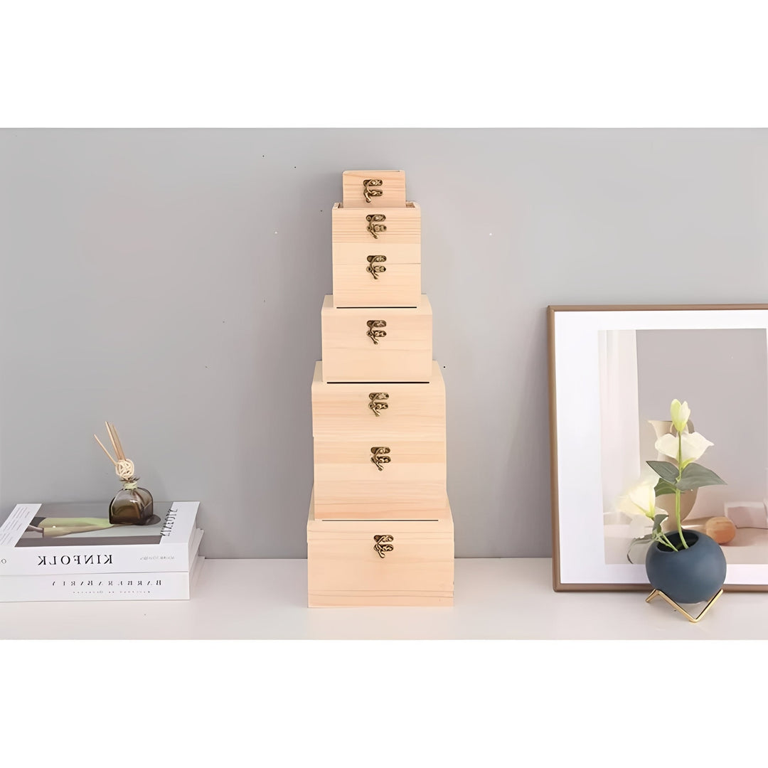 Square Wooden Storage Box with Hinged Lid for Jewellery and Desktop Items