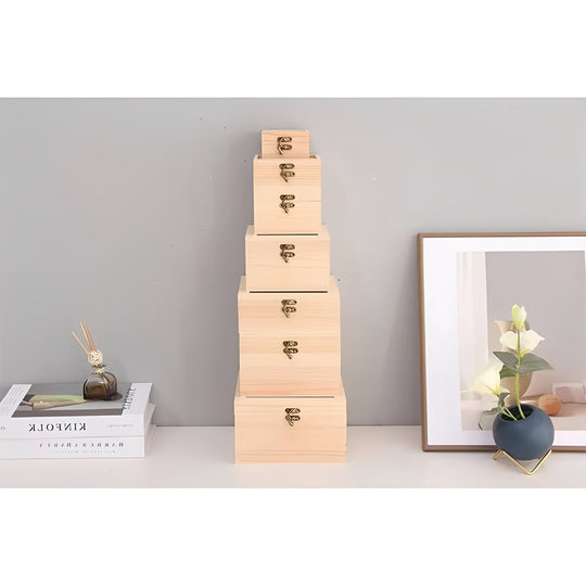 Square Wooden Storage Box with Hinged Lid for Jewellery and Desktop Items