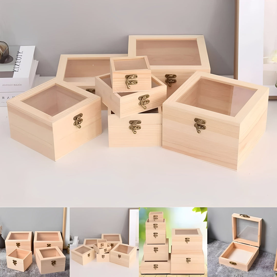 Square Wooden Storage Box with Hinged Lid for Jewellery and Desktop Items