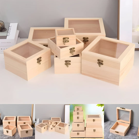 Square Wooden Storage Box with Hinged Lid for Jewellery and Desktop Items
