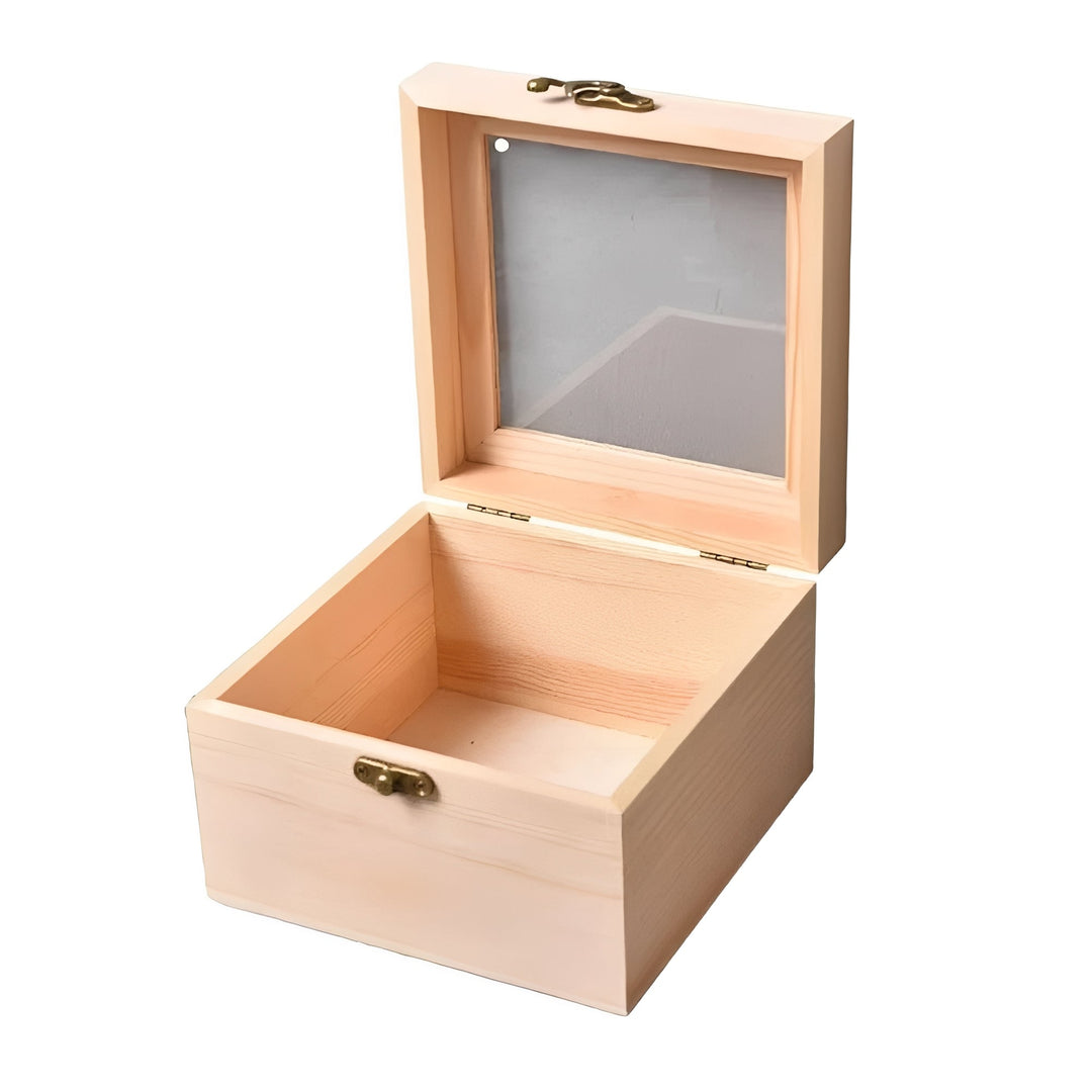 Square Wooden Storage Box with Hinged Lid for Jewellery and Desktop Items