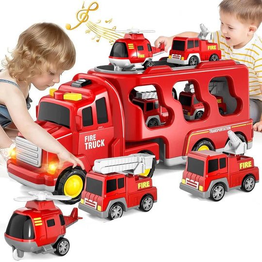 Fire Engine Transport Toy Set with Lights and 4 Friction Vehicles and Helicopter