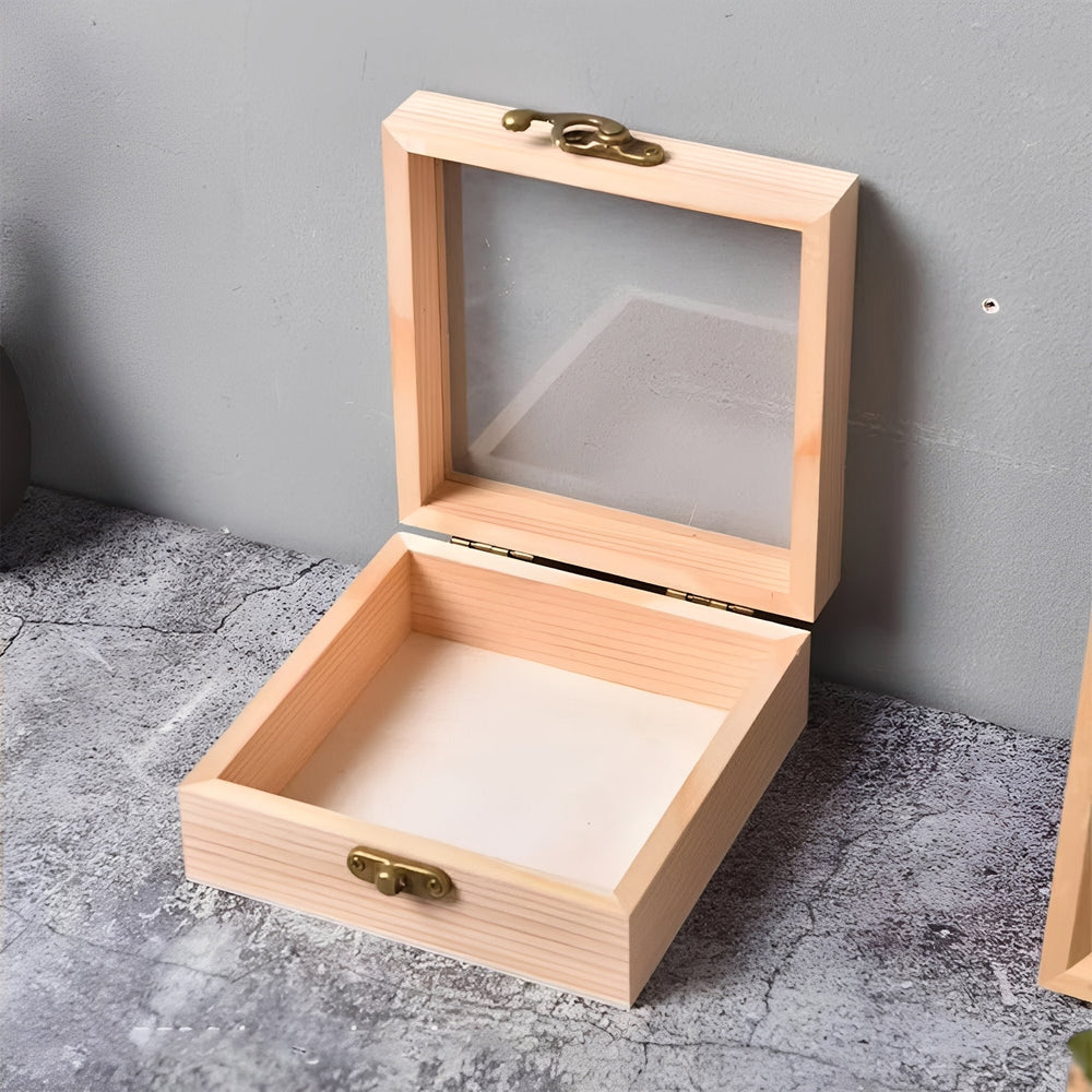 Square Wooden Storage Box with Hinged Lid for Jewellery and Desktop Items