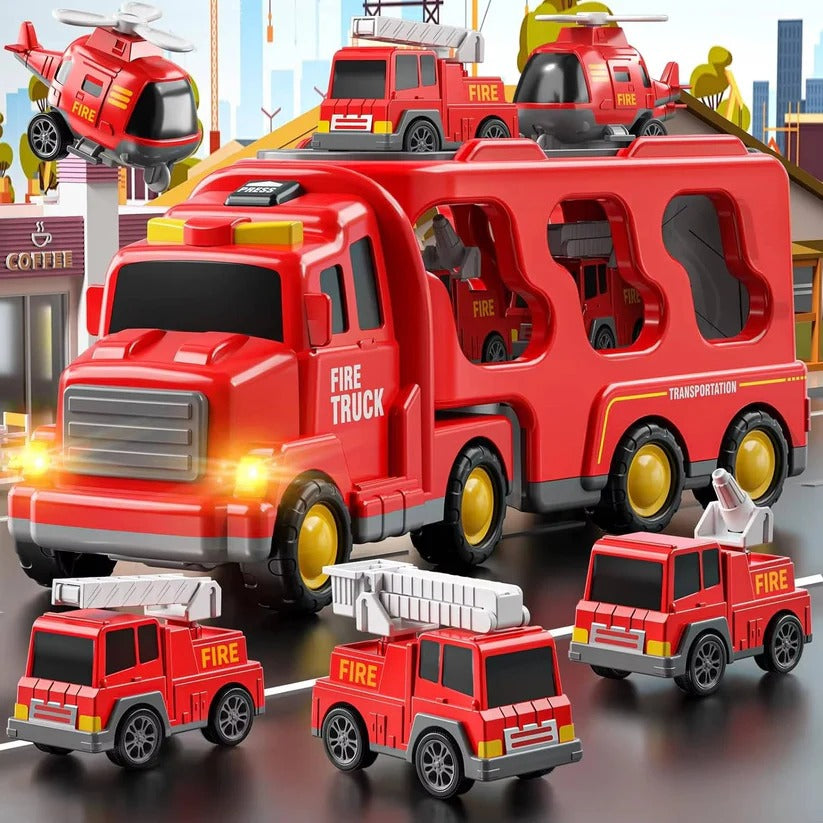 Fire Engine Transport Toy Set with Lights and 4 Friction Vehicles and Helicopter
