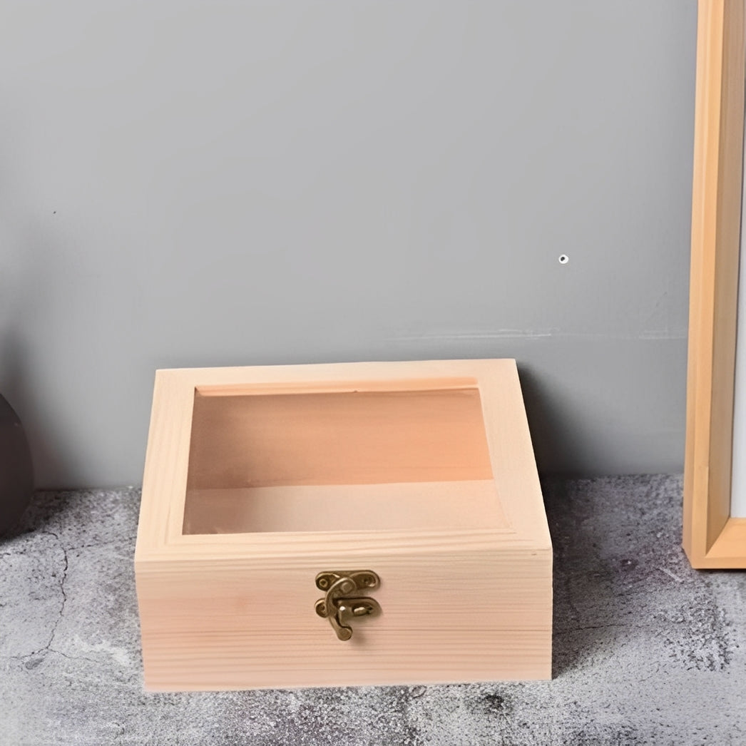 Square Wooden Storage Box with Hinged Lid for Jewellery and Desktop Items