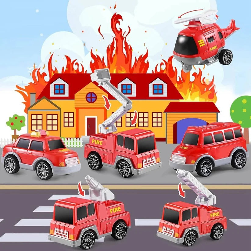 Fire Engine Transport Toy Set with Lights and 4 Friction Vehicles and Helicopter