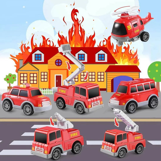 Fire Engine Transport Toy Set with Lights and 4 Friction Vehicles and Helicopter