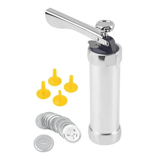 Aluminium Cookie Press Set with 20 Disc Shapes and 4 Piping Nozzles