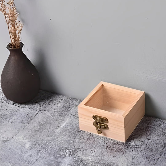 Square Wooden Storage Box with Hinged Lid for Jewellery and Desktop Items