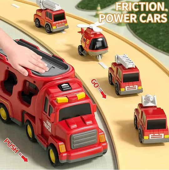 Fire Engine Transport Toy Set with Lights and 4 Friction Vehicles and Helicopter